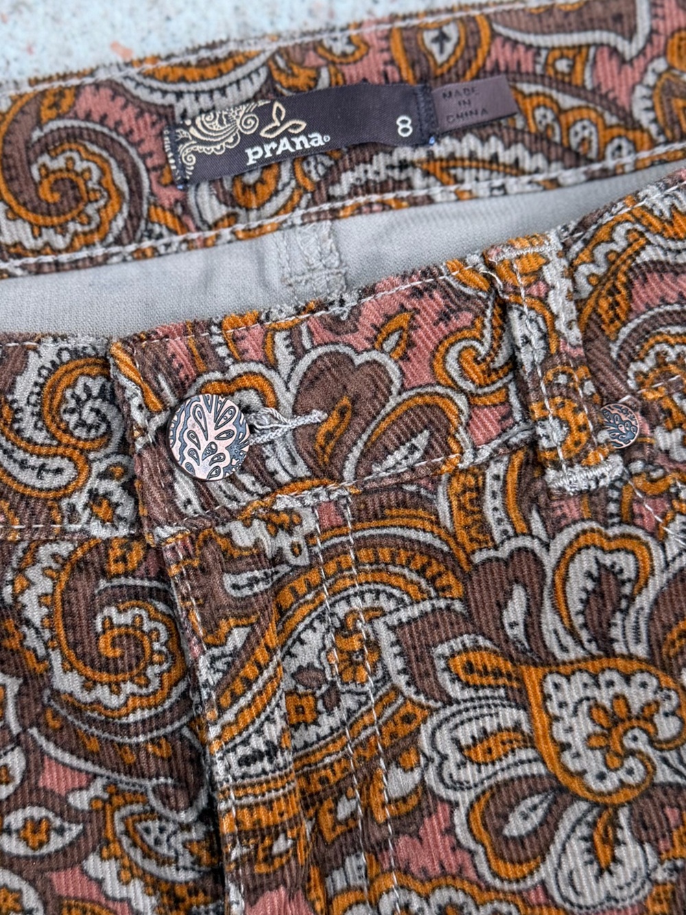 prAna Trinity Paisley Corduroy Pants Low Rise Skinny Trousers 8 Brown Boho EUC - Picture 2 of 12